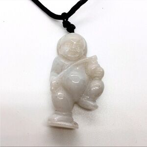CHINESE HETIAN NEPHRITE CELADO CARVED WHITE JADE BUDDHA PENDANT ROPE NEC…